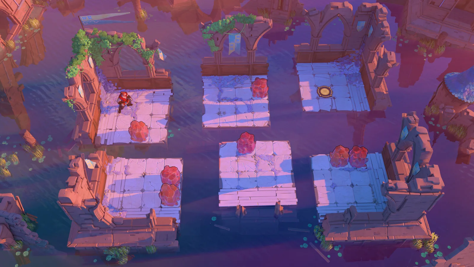 Small characters and coloured blocks sit on separate floating islands over dark water.