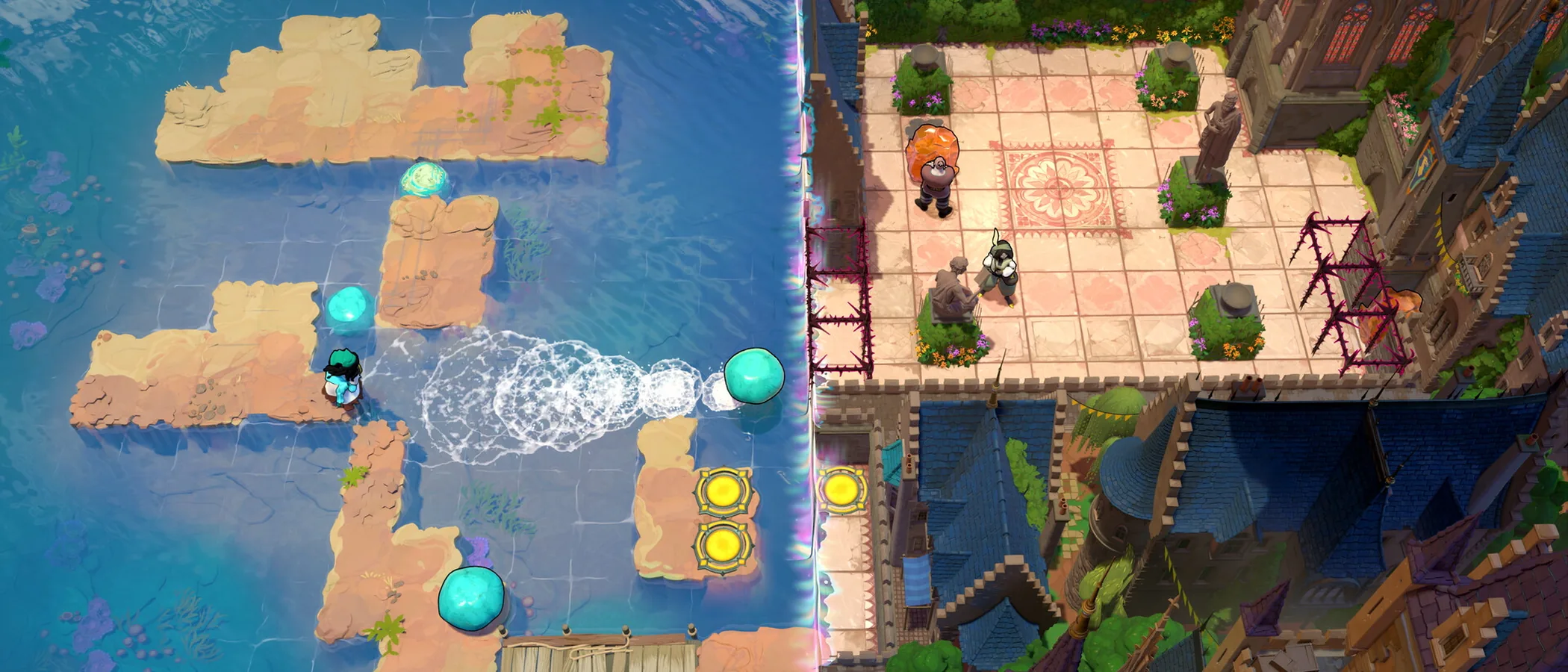 A bright courtyard and a floating island meet at a vertical seam in Order of the Sinking Star.