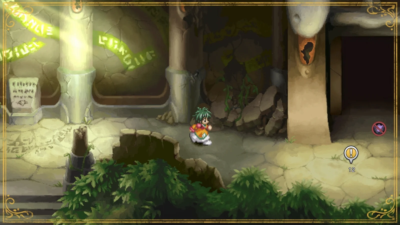 A party character stands in a ruined dungeon beside a yellow destination marker showing a distance of 12.