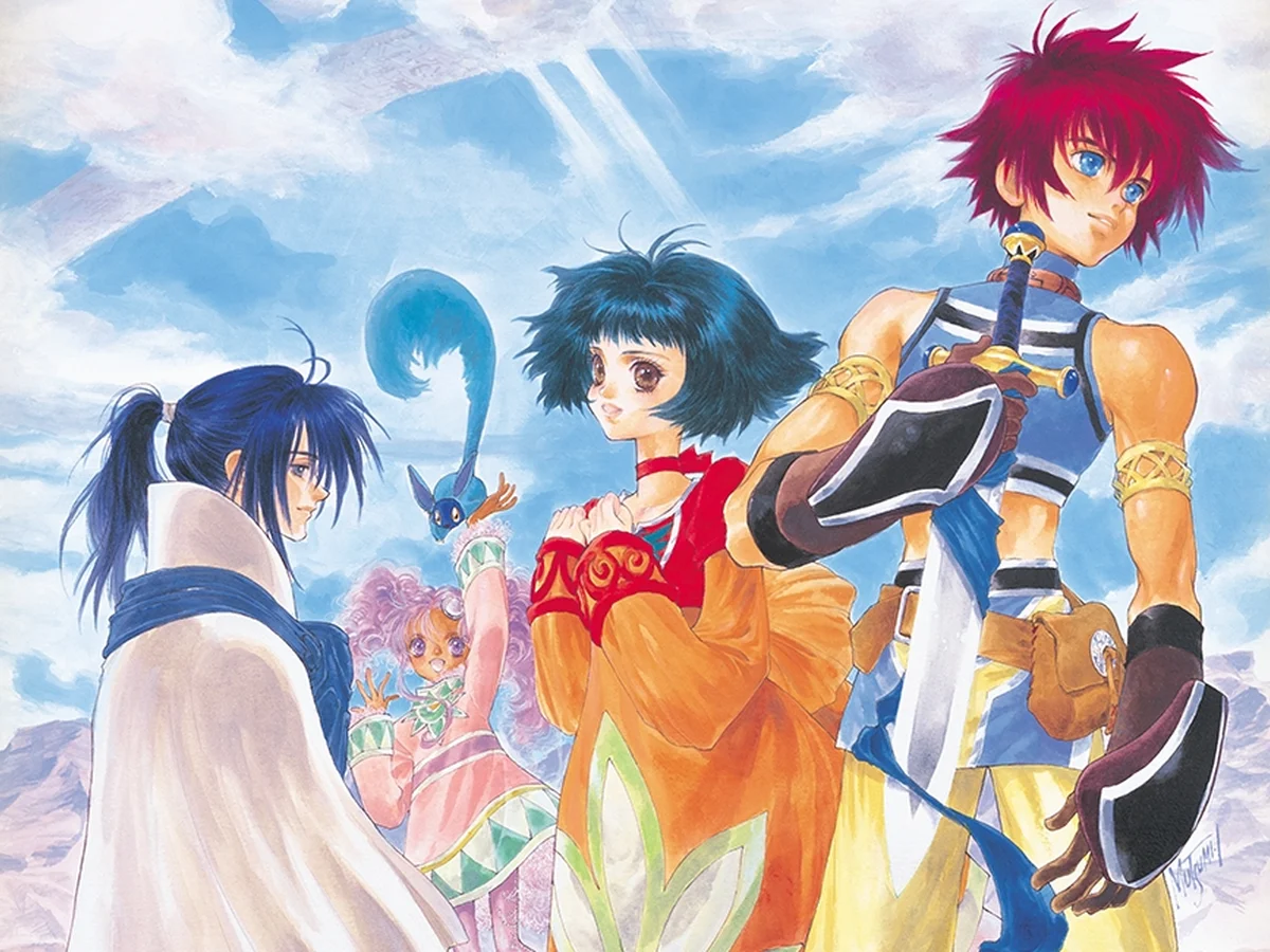 Reid and his companions appear against a blue sky in Tales of Eternia Remastered character artwork.