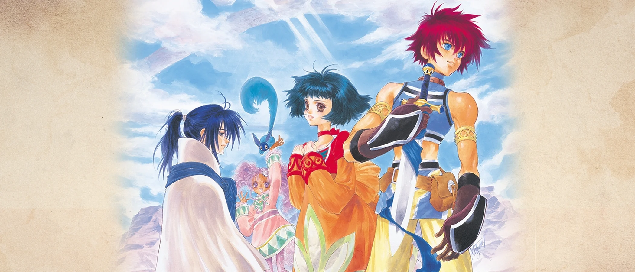 Reid and his companions appear against a blue sky in Tales of Eternia Remastered character artwork.