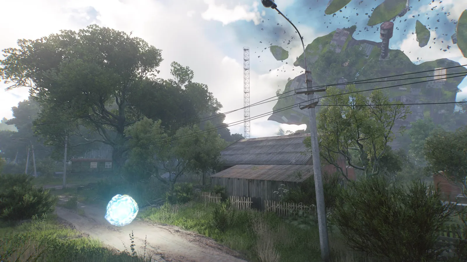 A first-person view of an operative aiming a rifle in a ruined industrial area.