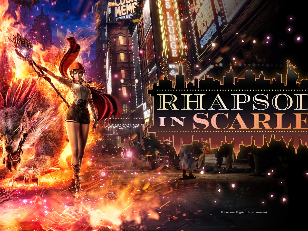Ellie Myers stands in 1920s New York beneath the Rhapsody in Scarlet logo.