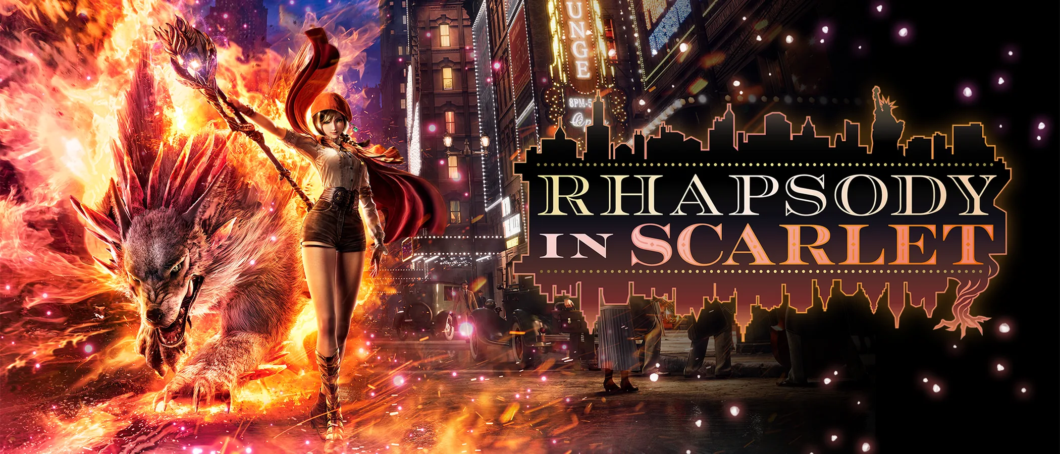 Ellie Myers stands in 1920s New York beneath the Rhapsody in Scarlet logo.