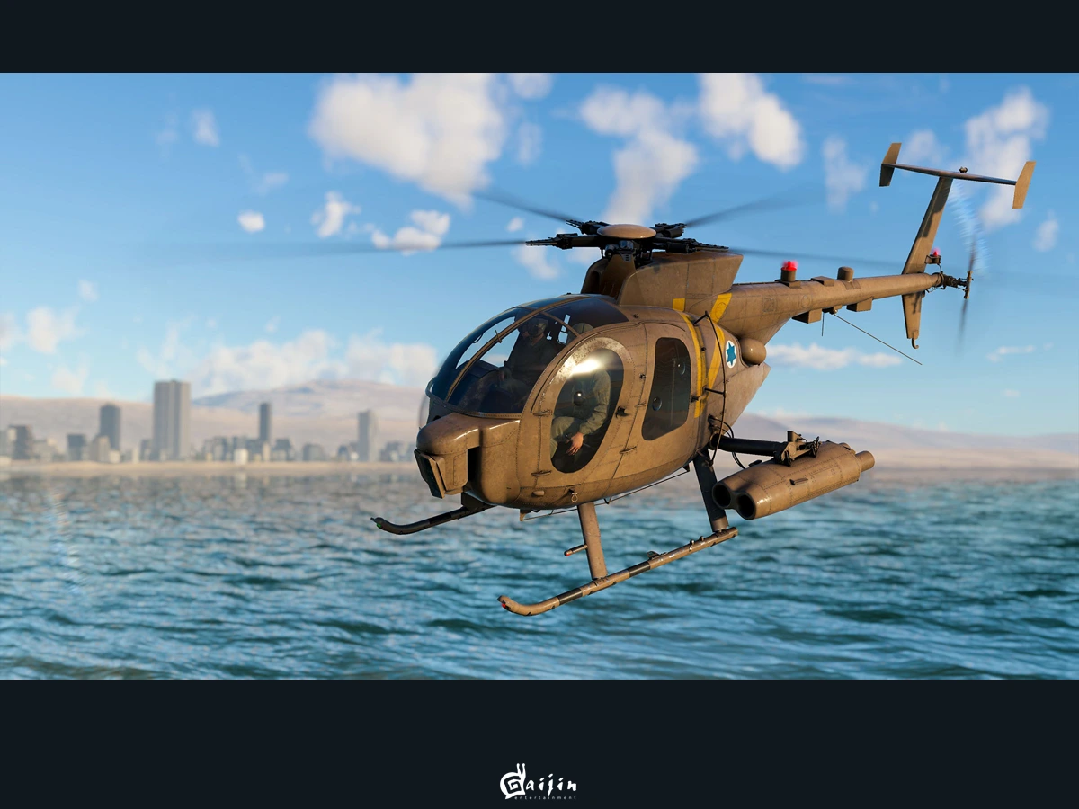 An MD500 helicopter flying over water in an official War Thunder press screenshot