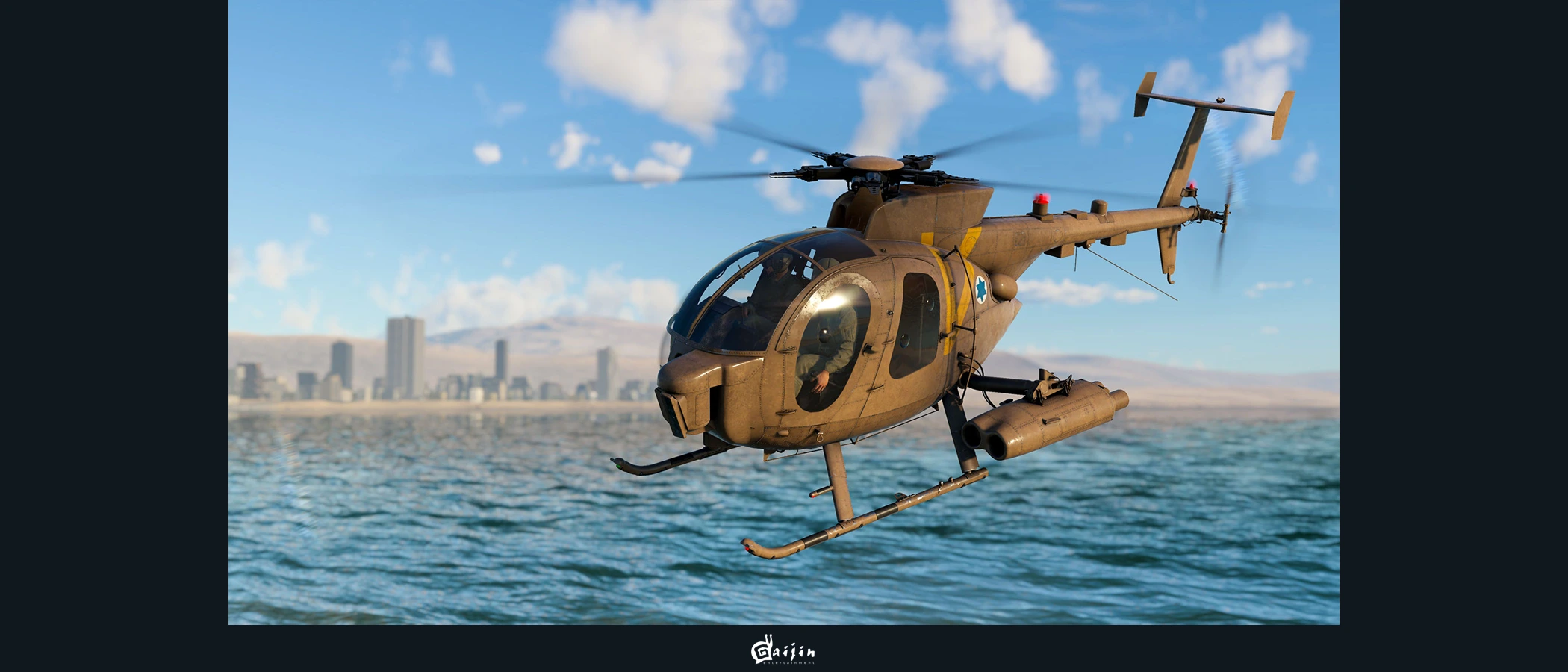 An MD500 helicopter flying over water in an official War Thunder press screenshot