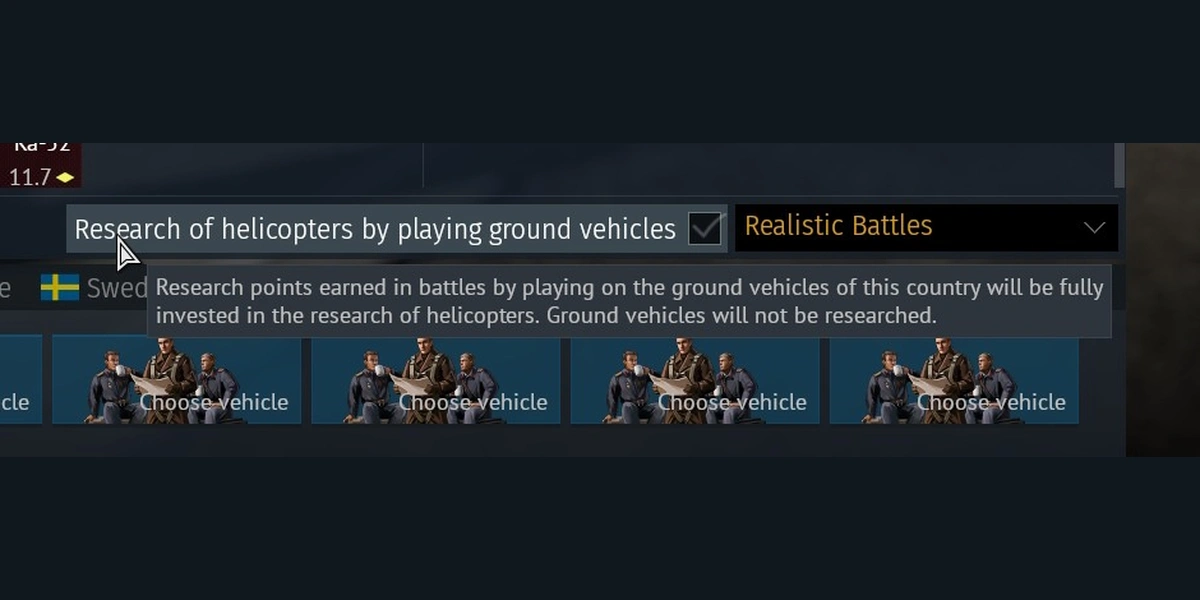 Official War Thunder screenshot showing the checked helicopter research switch and its explanatory tooltip