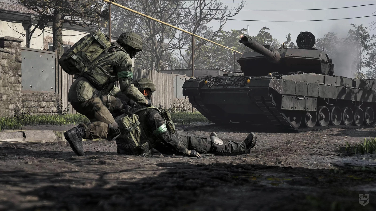 Armed WARDOGS soldiers sit beside a tank while tracer fire crosses the street.
