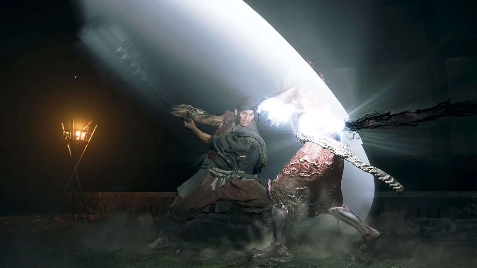 Miyamoto Musashi blocks a glowing attack from a masked demon inside a dark building.
