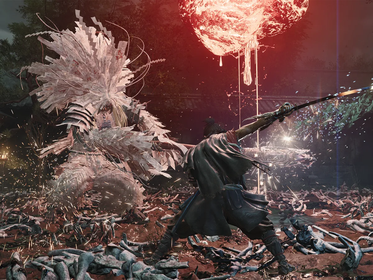 Miyamoto Musashi clashes with a towering demon beneath a red moon.