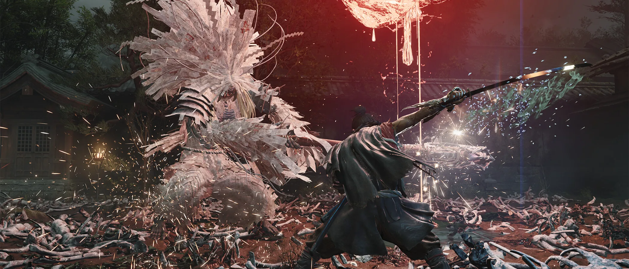 Miyamoto Musashi clashes with a towering demon beneath a red moon.