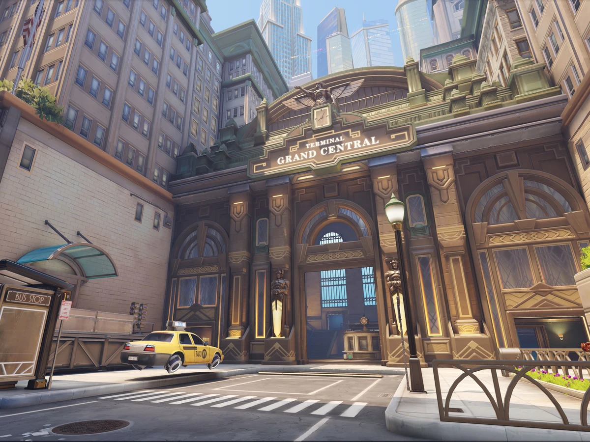 Grand Central terminal, a yellow taxi and bus shelters on Overwatch's Midtown map