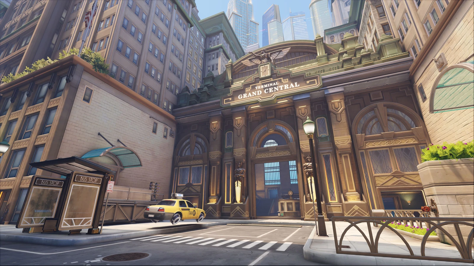 Grand Central terminal, a yellow taxi and bus shelters on Overwatch's Midtown map