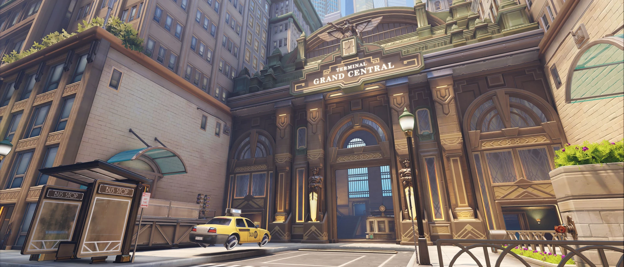 Grand Central terminal, a yellow taxi and bus shelters on Overwatch's Midtown map