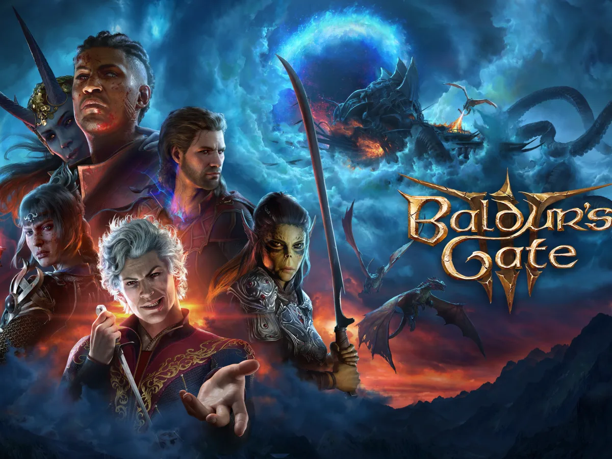 Baldur's Gate 3 heroes stand before a stormy fantasy landscape.