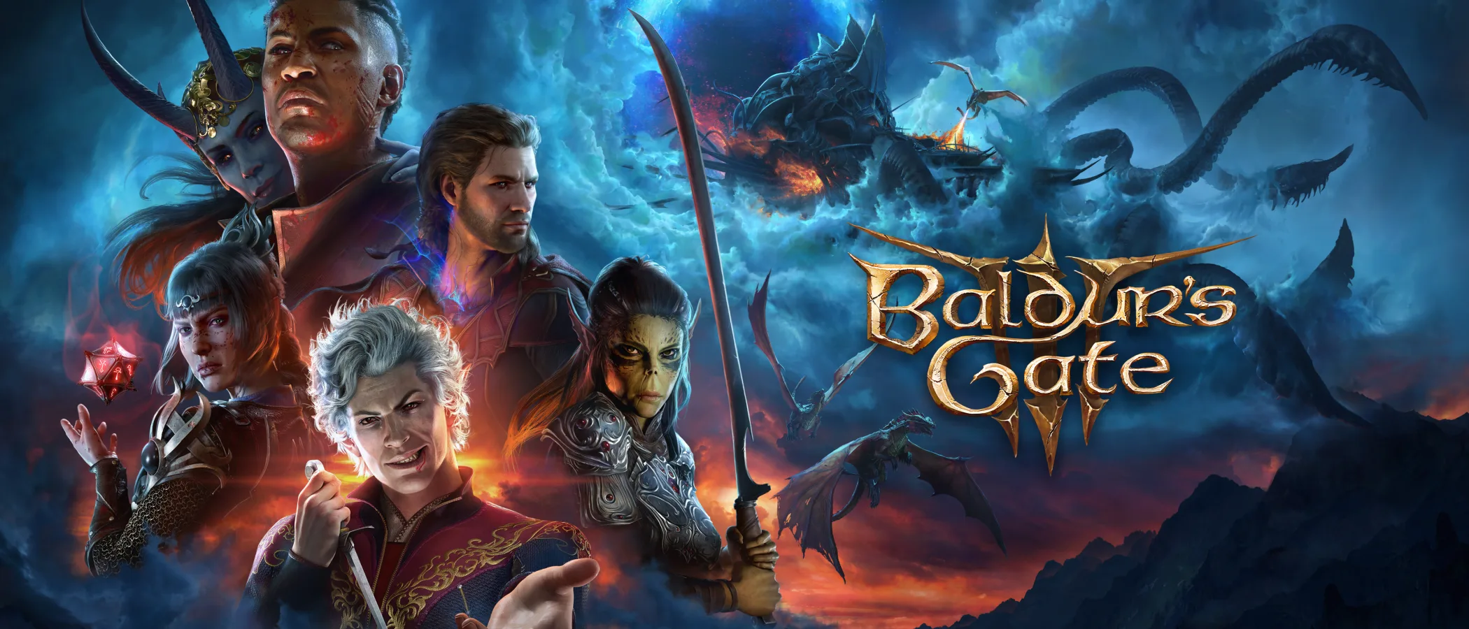 Baldur's Gate 3 heroes stand before a stormy fantasy landscape.