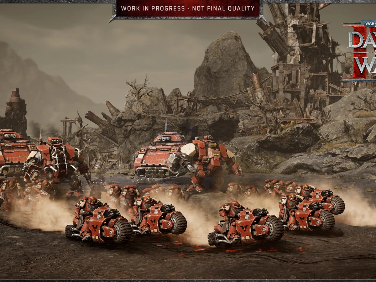 Blood Ravens infantry and red armoured vehicles advance through a rocky landscape