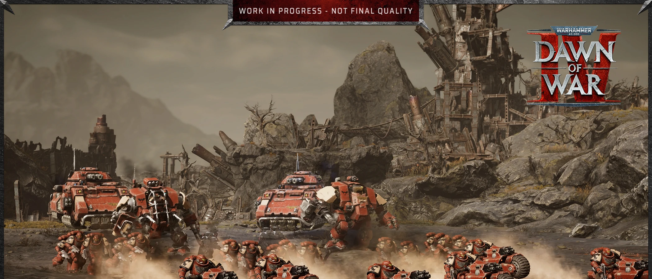 Blood Ravens infantry and red armoured vehicles advance through a rocky landscape