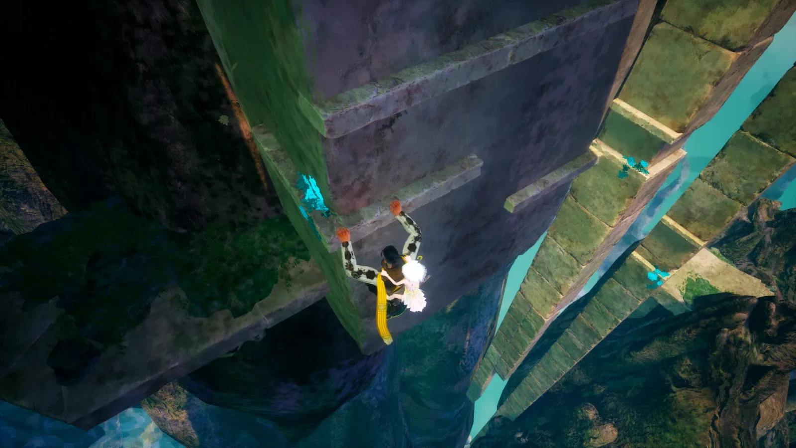 A traveller falls past ruined stone platforms toward blue flowers growing on a lower ledge.