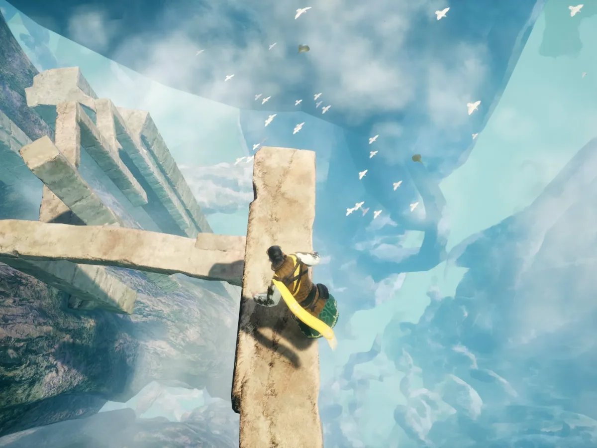 A traveller climbs a ruined stone structure above the clouds on the branches of the World Tree.