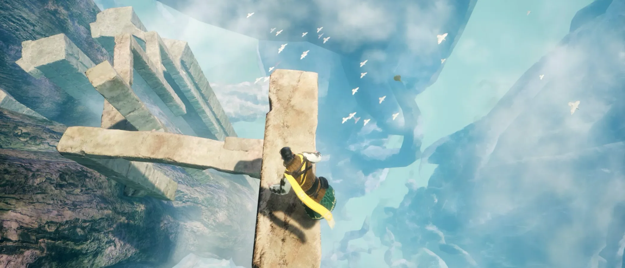A traveller climbs a ruined stone structure above the clouds on the branches of the World Tree.