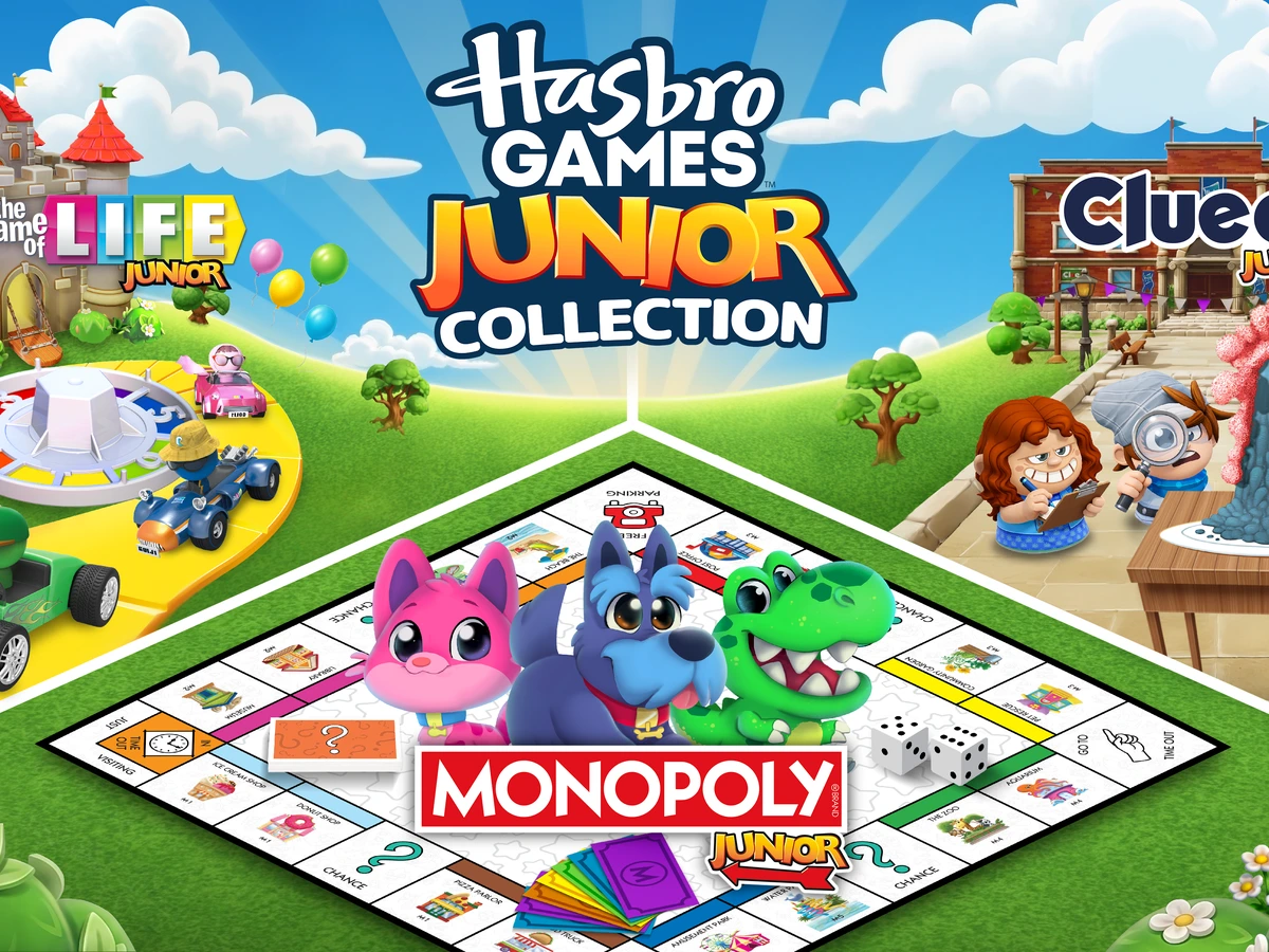 Hasbro Games Junior Collection key art showing Monopoly, Cluedo and The Game of Life worlds.
