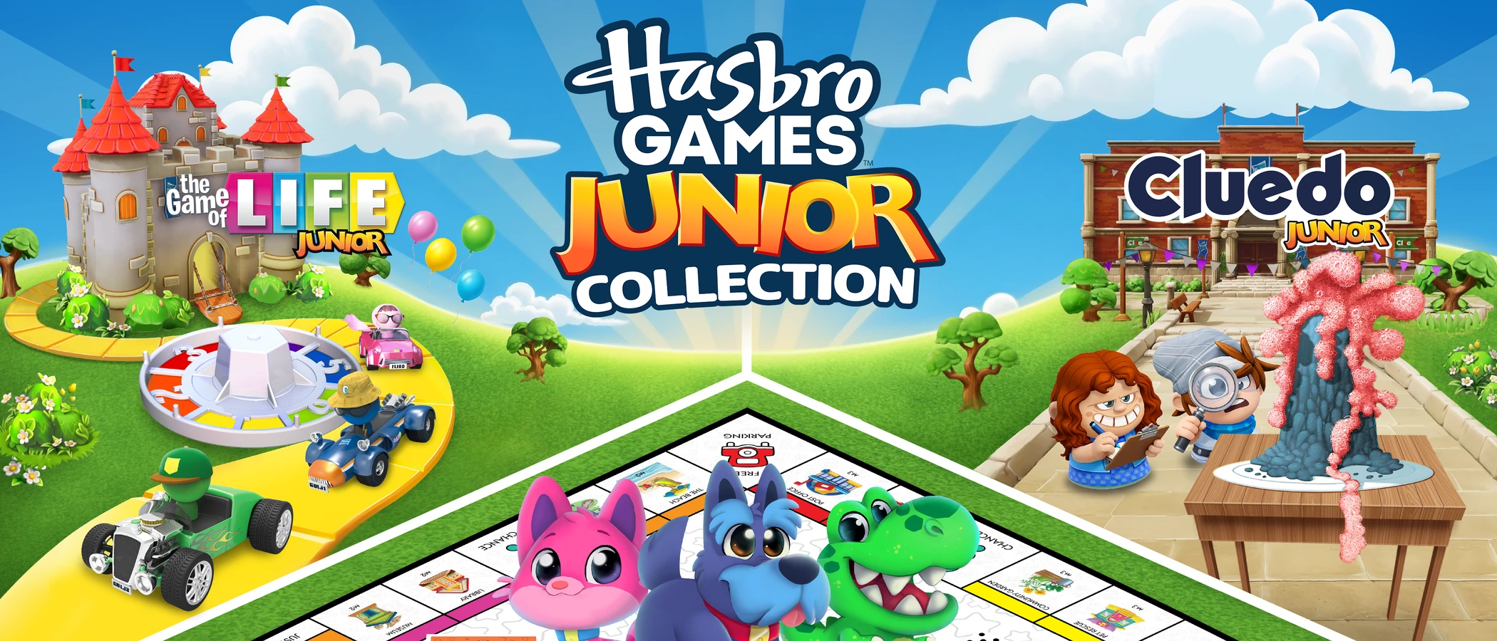 Hasbro Games Junior Collection key art showing Monopoly, Cluedo and The Game of Life worlds.