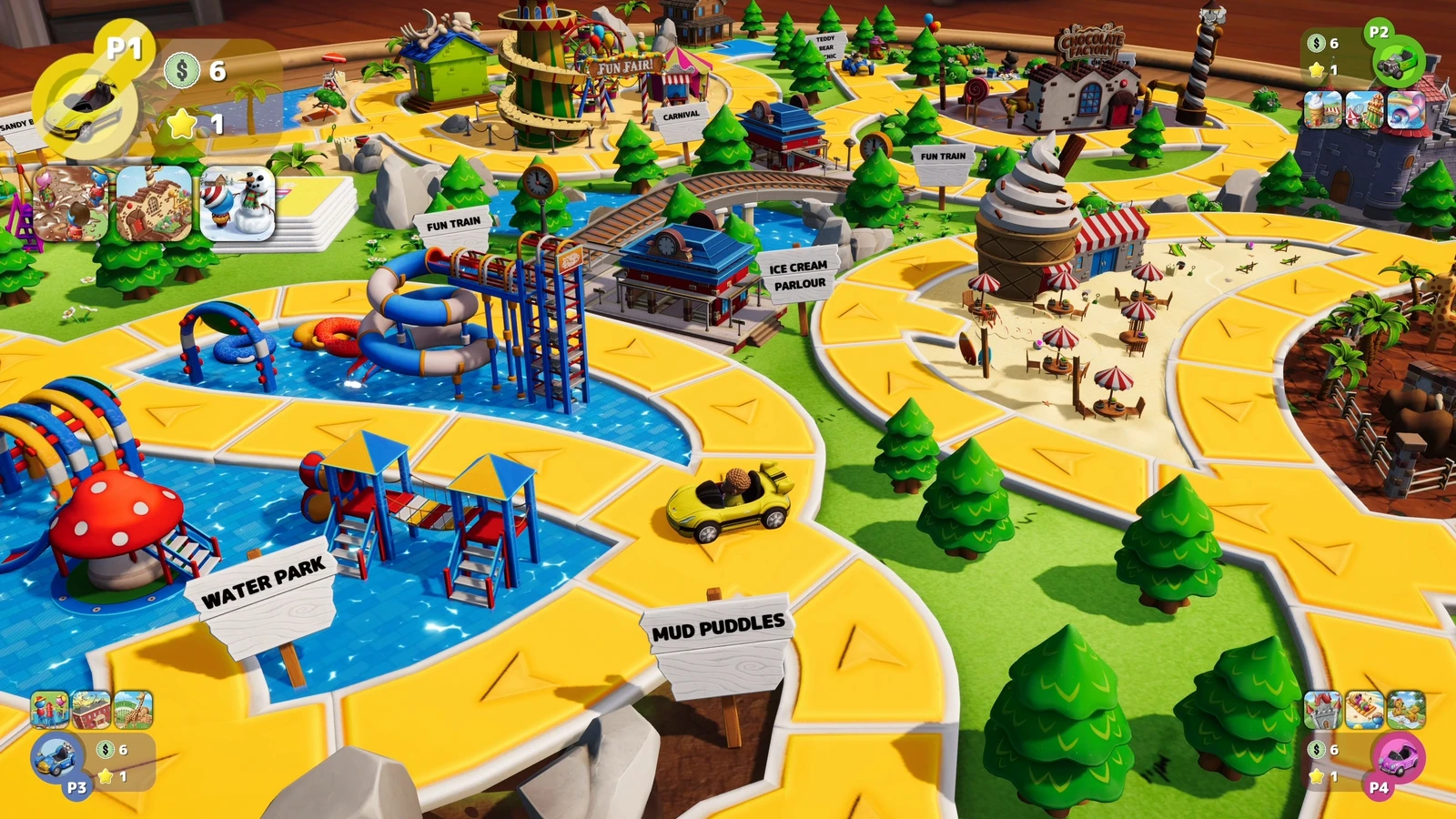The Game of Life Junior board with winding yellow roads, boats and a Mud Puddles sign.