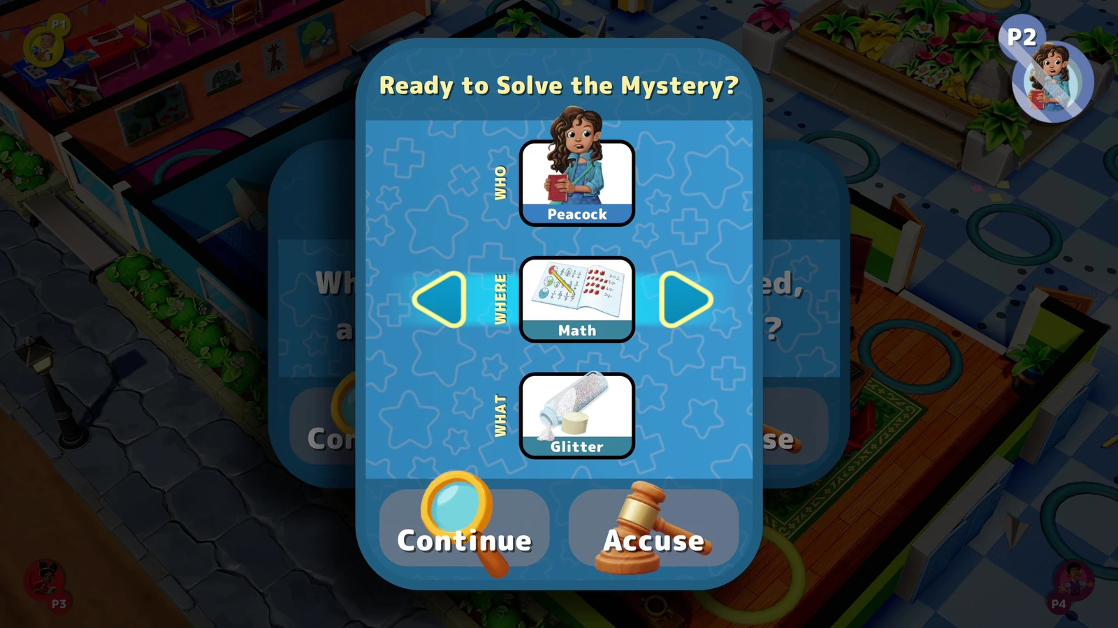 Cluedo Junior accusation panel selecting Peacock, Math and Glitter in a school setting.