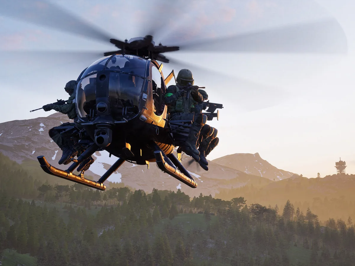 A military helicopter carries armed WARDOGS soldiers over a mountainous landscape at sunset.