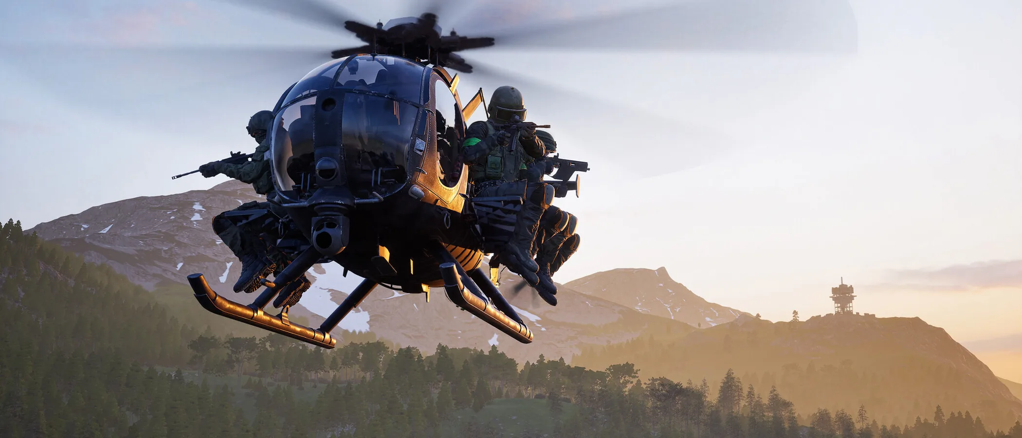 A military helicopter carries armed WARDOGS soldiers over a mountainous landscape at sunset.