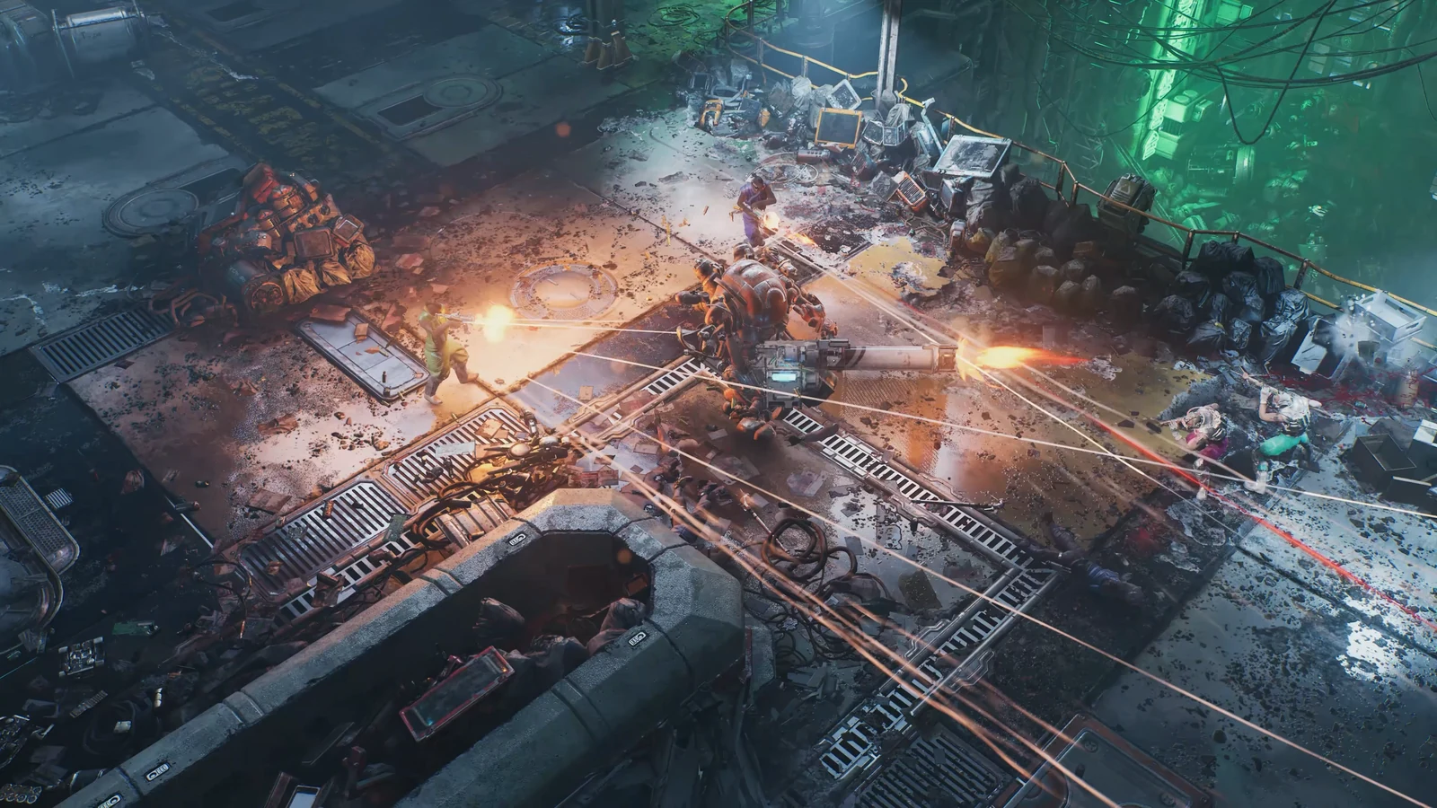 Gunfire crosses an industrial combat arena surrounded by scrap and machinery