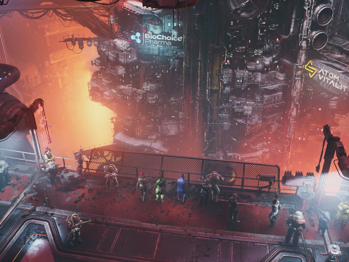 A worker stands on a walkway above an orange-lit industrial gulf in The Ascent