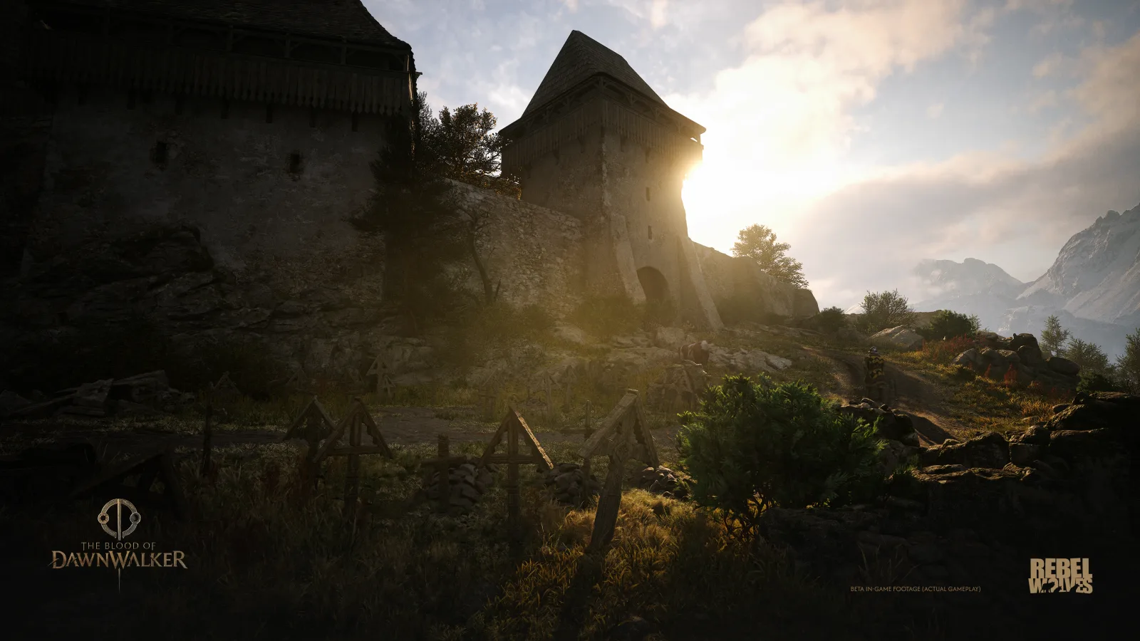 An armed traveller walks through a mountain valley under dark clouds.