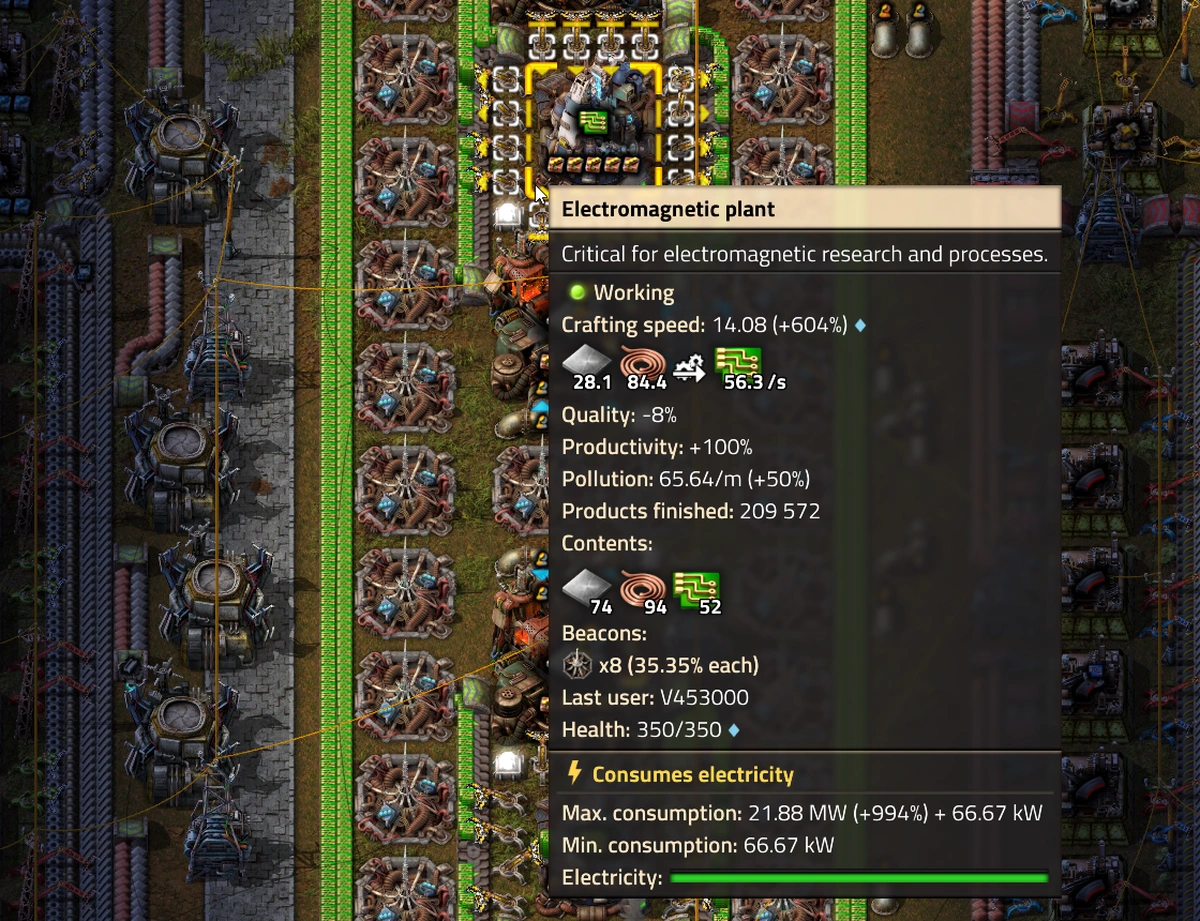 Official Factorio tooltip showing an electromagnetic plant with Quality minus eight per cent and eight affecting beacons
