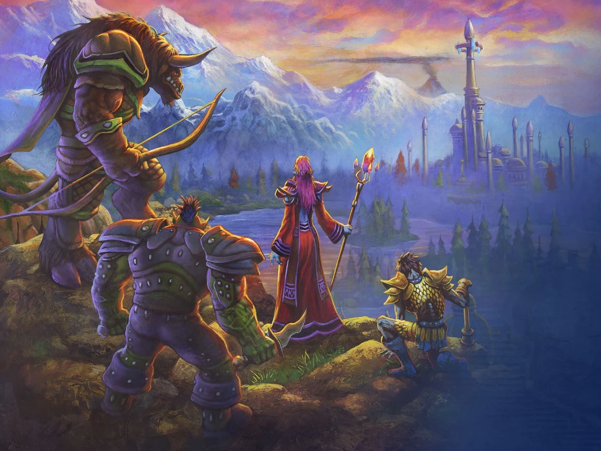 Painted Warcraft adventurers overlook a valley and distant mountains beneath a colourful evening sky