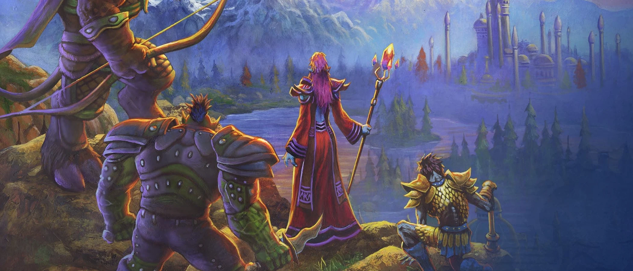Painted Warcraft adventurers overlook a valley and distant mountains beneath a colourful evening sky