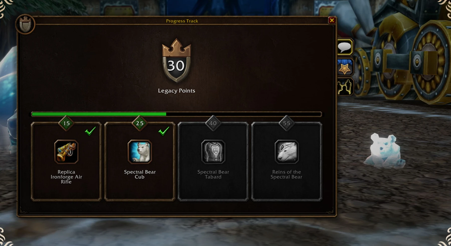 Official Legacy reward panel shows an air rifle, Spectral Bear Cub, tabard and mount, with a white bear cub beside it