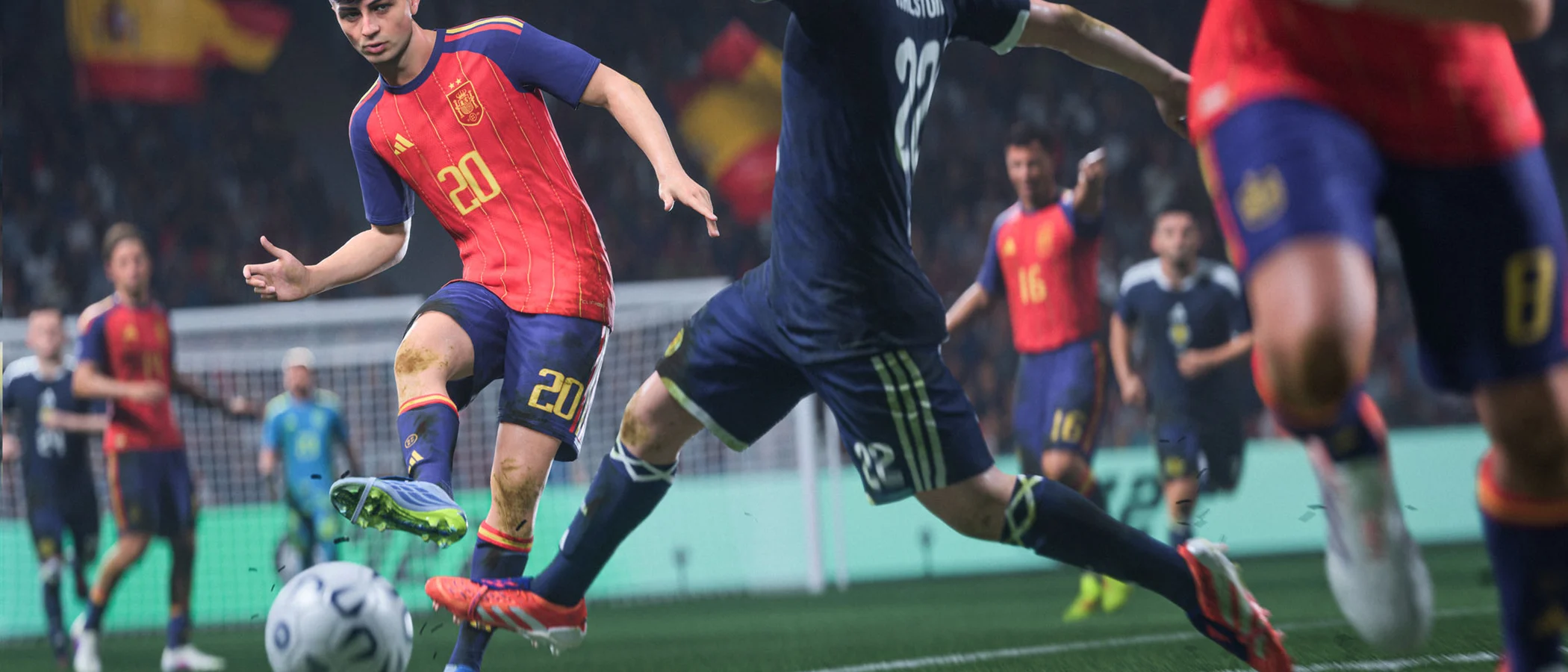 Pedri plays the ball for Spain as a defender steps across his path in FC 27.
