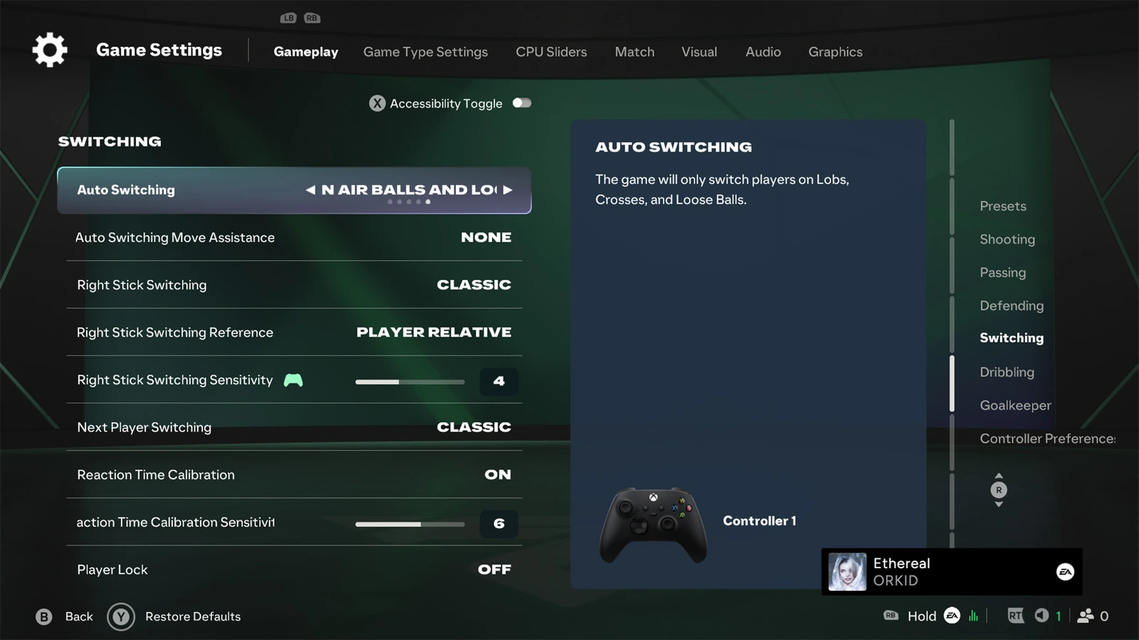FC 27 Game Settings shows Right Stick Switching set to Classic and its reference set to Player Relative.