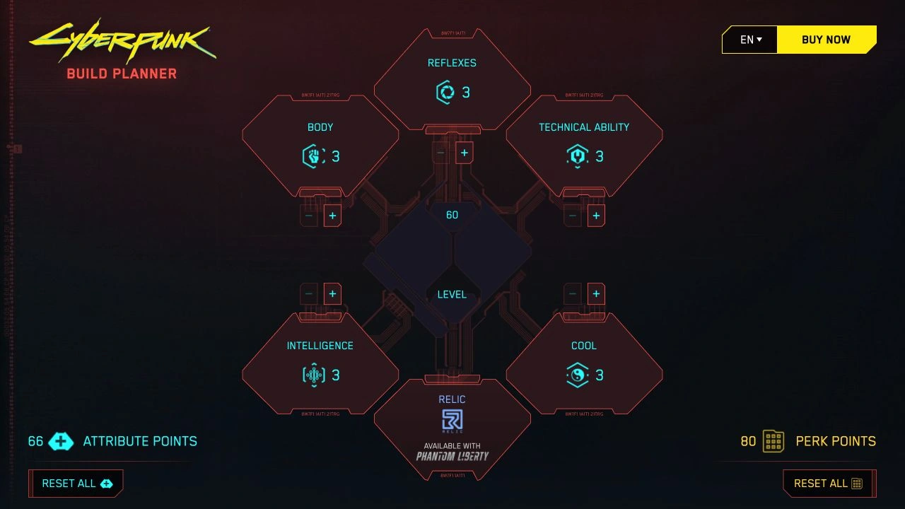 Official Cyberpunk 2077 browser Build Planner with separate attribute and perk Reset All controls