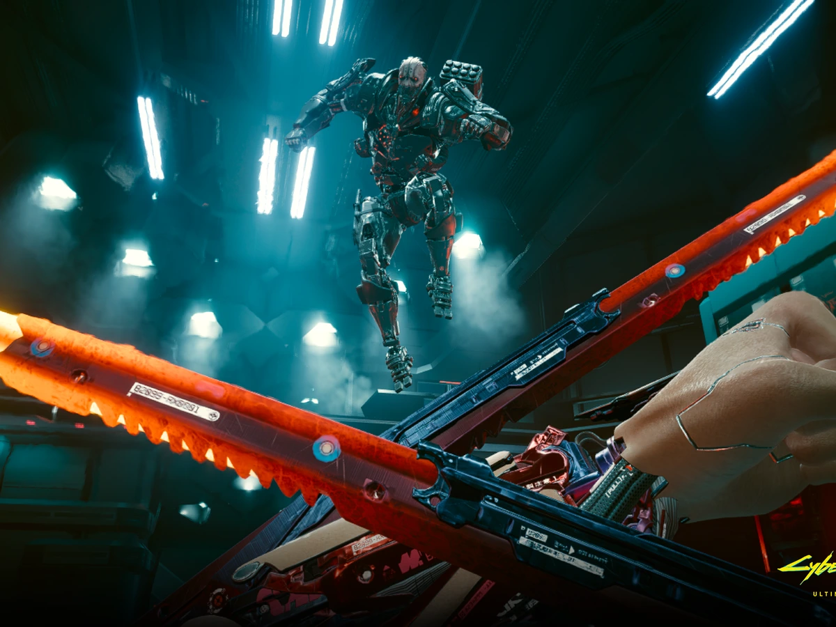 A thermal blade crosses the foreground during combat in Cyberpunk 2077