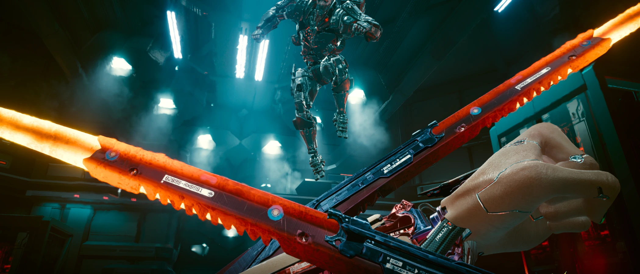 A thermal blade crosses the foreground during combat in Cyberpunk 2077