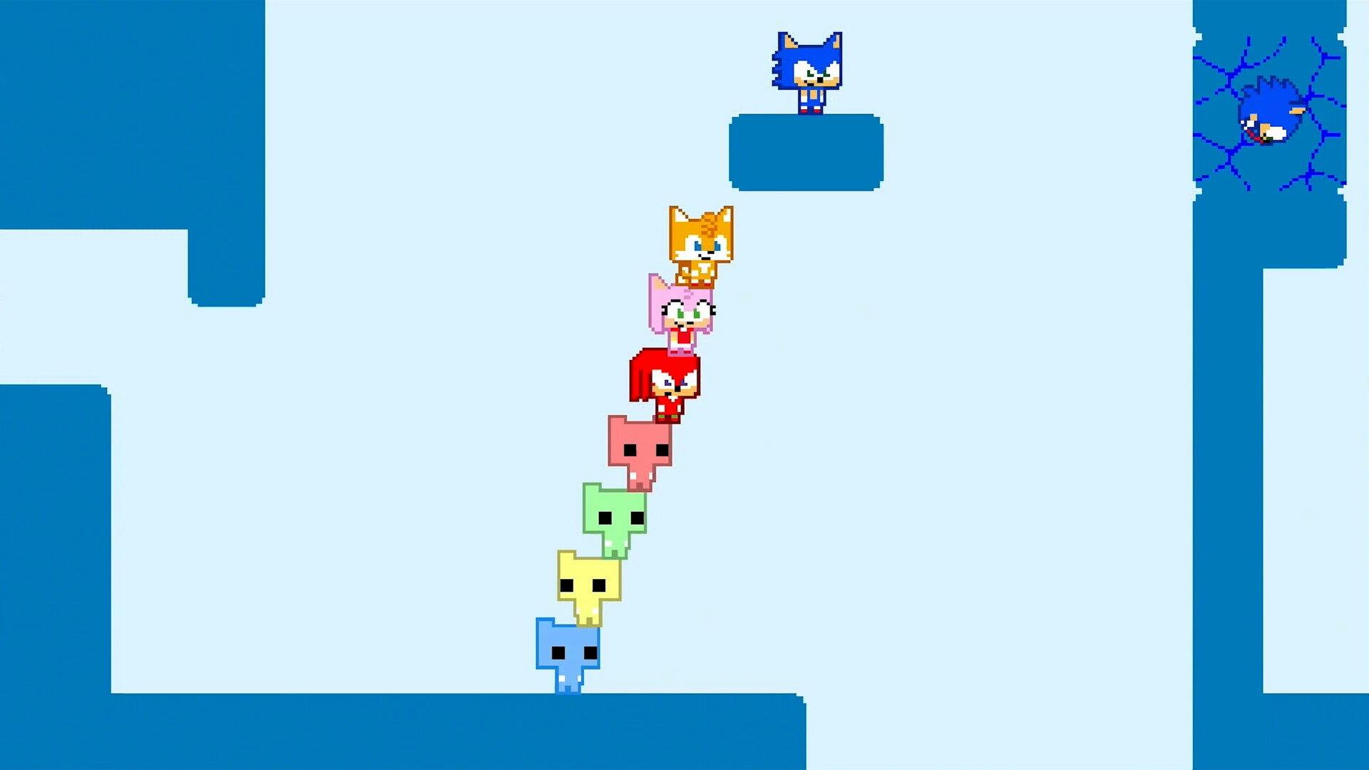 Sonic stands on a blue platform above Tails, Amy, Knuckles and four Pico Cats arranged in a tower.