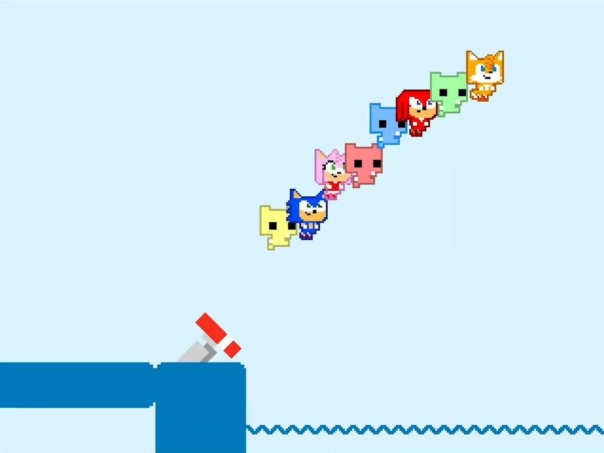 Sonic characters and colourful Pico Cats form a diagonal line above a spring and a gap.