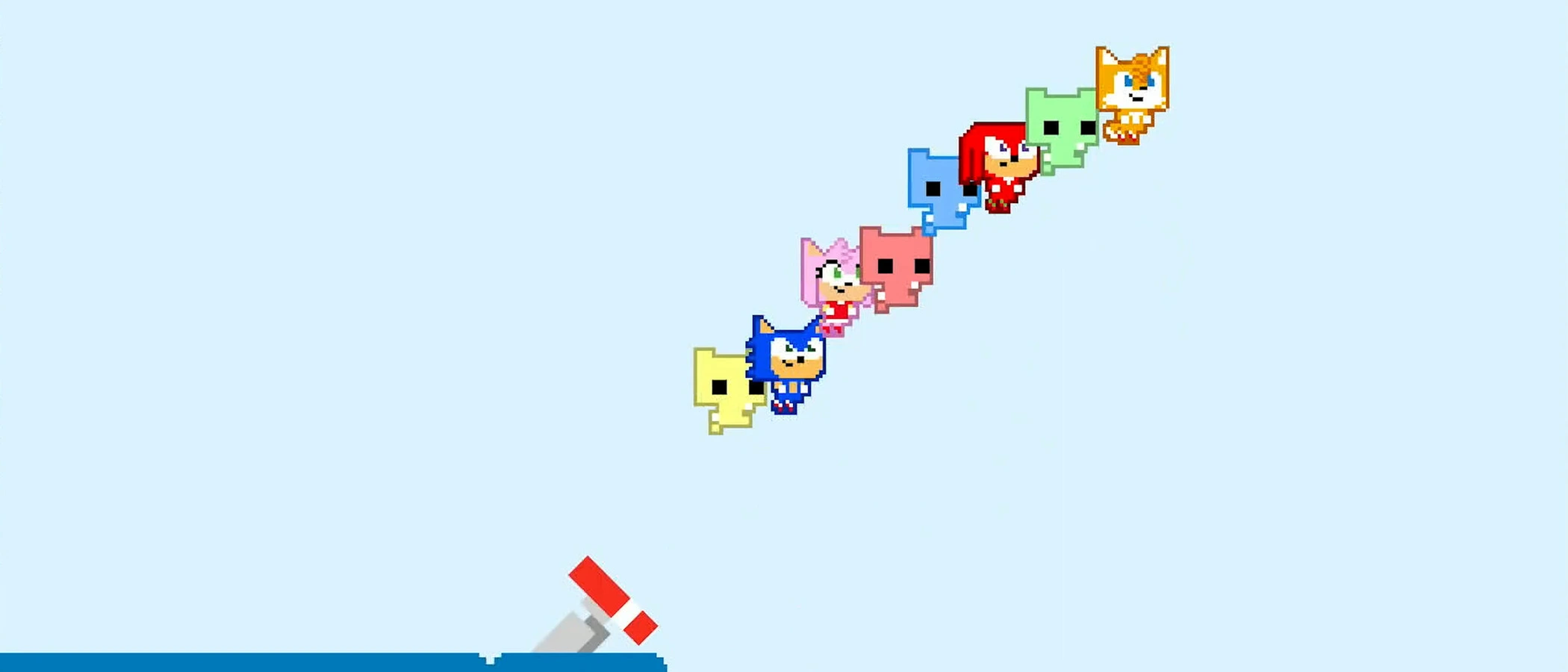 Sonic characters and colourful Pico Cats form a diagonal line above a spring and a gap.