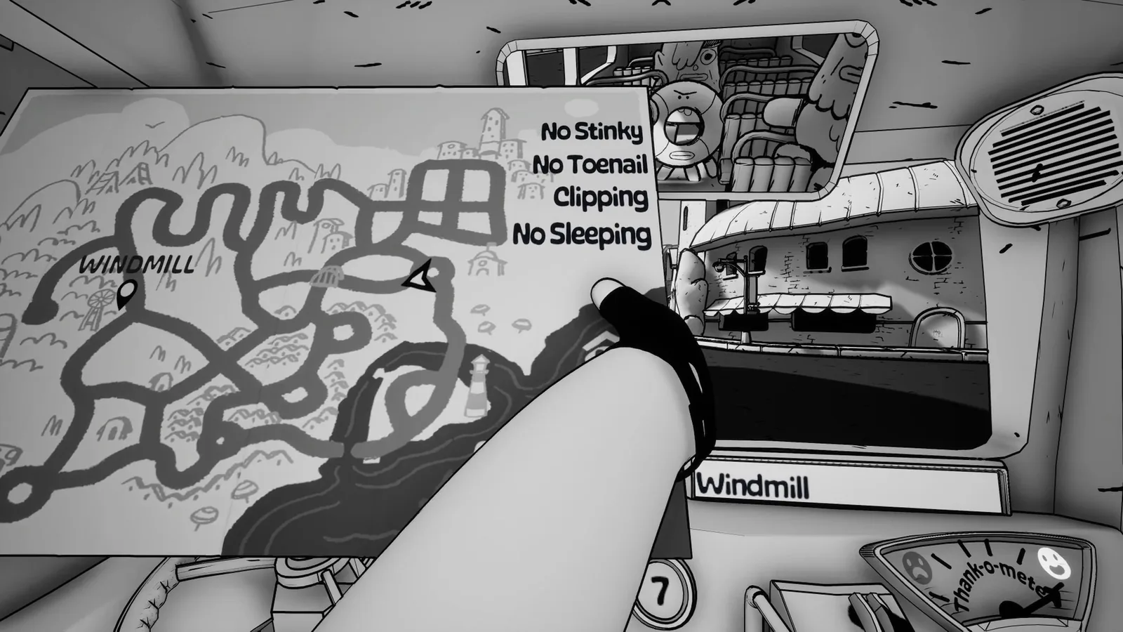 A paper map blocks most of a bus driver's view of the road