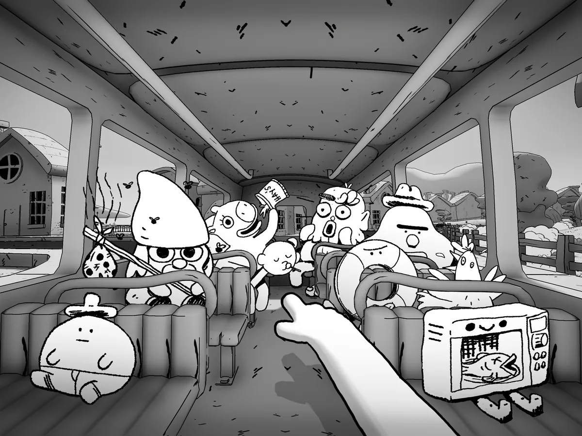 A bus driver points at a crowded group of cartoon passengers