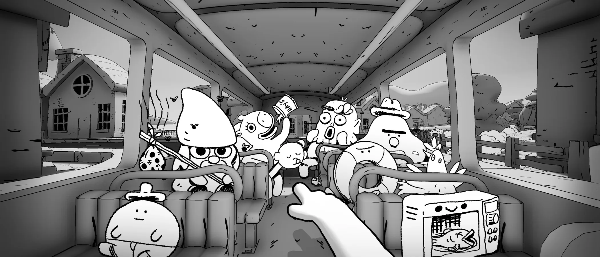 A bus driver points at a crowded group of cartoon passengers