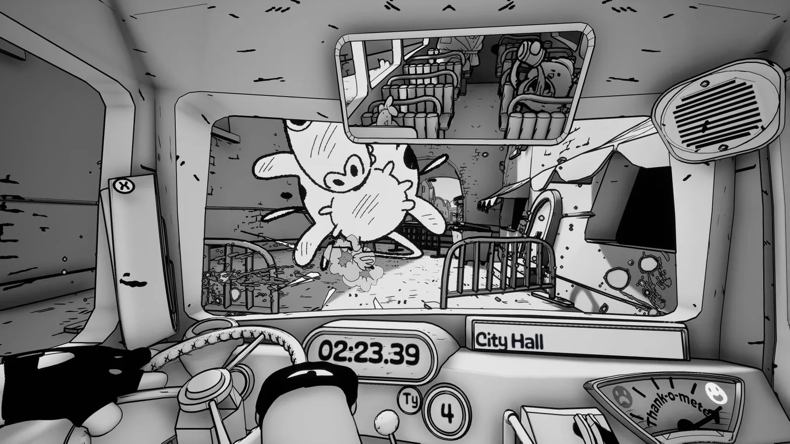 A cartoon pedestrian tumbles across the windscreen of a moving bus